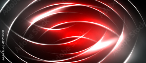 Abstract red energy swirls, glowing lines create circular patterns. Dark background emphasizes bright central focus. Modern design element.