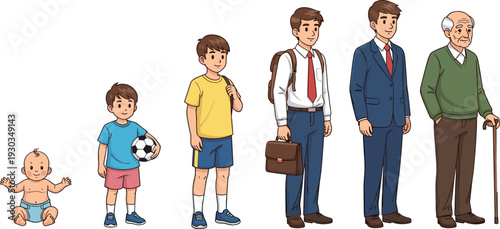 Illustration of Human Life Stages from Baby to Elderly with Distinct Clothing and Activities