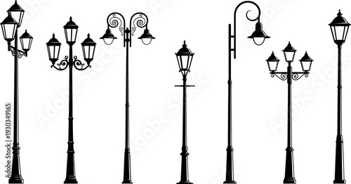 Collection of Various Black Street Lamp Silhouettes, Different Styles, Isolated on White
