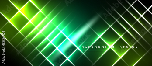 Abstract green neon lines form geometric patterns over dark background. Bright illumination creates futuristic visual effect.