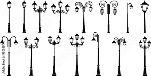 Collection of Diverse Black Silhouette Streetlights and Lampposts on White Background