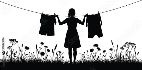 Silhouette of woman hanging laundry on clothesline in summer meadow with wildflowers, countryside outdoor drying scene, flat vector illustration