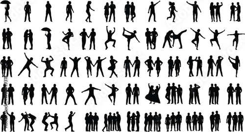 People,silhouettes,vector,illustration,group,activity,poses,walking,running,dancing,standing,men,women,teamwork,interaction,collection