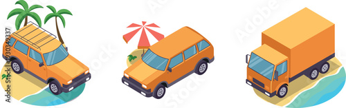 Isometric beach transport set, orange SUV and delivery truck on tropical island, summer travel vehicle illustration collection