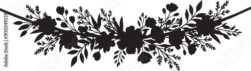 Floral border vector silhouette illustration, decorative flower arrangement line art