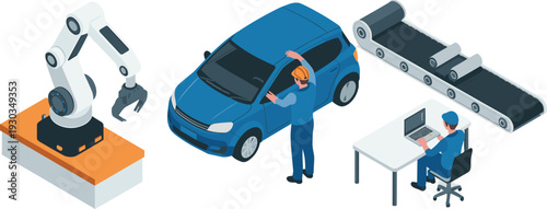 Isometric car manufacturing process, robotic arm assembly line, automotive engineer inspecting blue vehicle in modern factory production