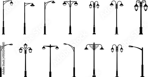 Diverse Collection of Black Street Lamp Silhouettes Vector Illustration Set