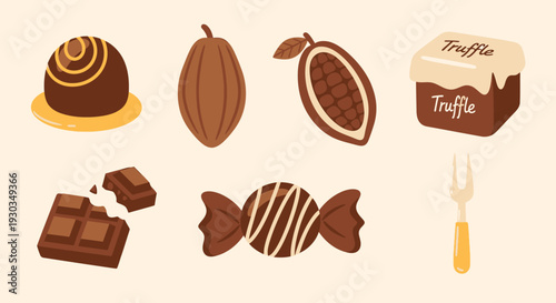 A collection of chocolate treats and cocoa ingredients including truffles, bars, and pods, depicted in a flat illustration style.
