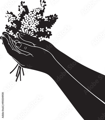 Human hands vector silhouette illustration holding bouquet flowers nature offering concept