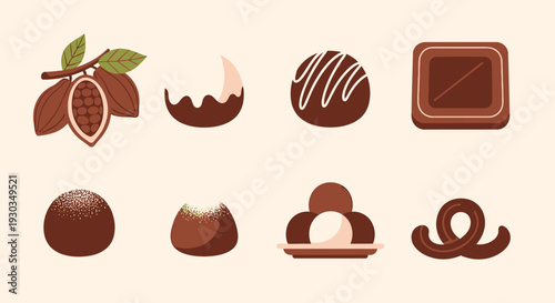 A collection of various chocolate candies, truffles, and cacao pods, illustrating different forms of delicious confectionery.