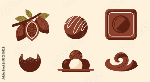 A collection of six chocolate-themed illustrations including cacao pods, truffles, a chocolate square, a chocolate shell, and decorative chocolate elements.