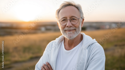 Confident senior with active lifestyle walking outdoors at sunset.