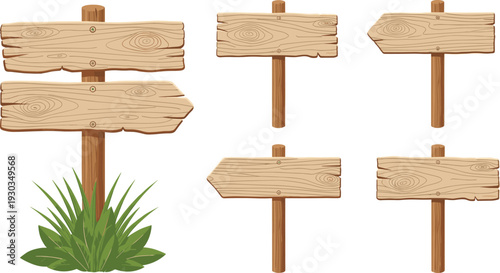 Collection of rustic wooden signposts and directional boards with grass illustration representing travel camping nature outdoors guidance and park navigation