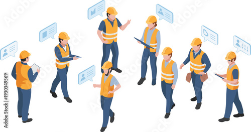 Isometric construction workers team illustration, engineers in safety helmets and vests, industrial communication and project management concept