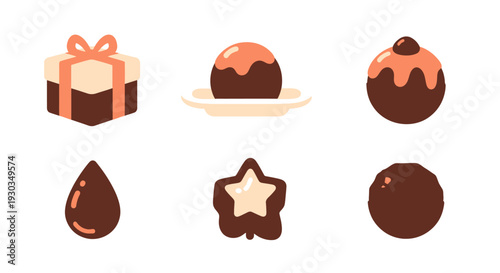 Six delightful chocolate-themed icons including truffles, a gift box, a chocolate drop, and a star-shaped candy, presented in a charming flat design style.