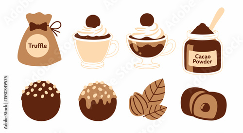 Collection of chocolate items including truffles and desserts with cacao powder and leaves from a top view