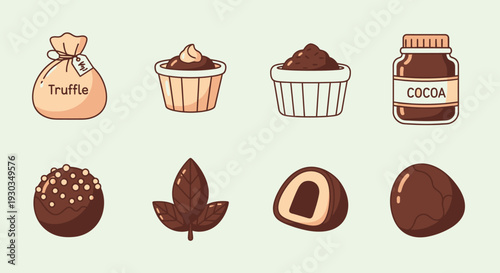 Cute cartoon illustration of various chocolate products including truffles, cocoa powder, and chocolate candies on a light background.