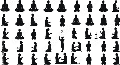 Silhouette of people praying, meditating, and worshipping in various poses, yoga meditation illustration, religious devotion, candle, mindfulness, spiritual practice art