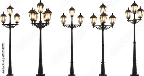 Elegant vintage street lamps collection with glowing lights on white background