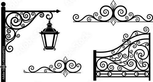 Elegant Wrought Iron Ornaments Vector Set: Lamp Post, Fence, and Decorative Borders