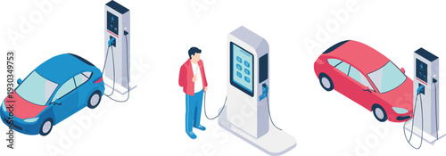 Isometric electric vehicle charging station scene, EV cars and driver using smart charger, sustainable transportation technology illustration