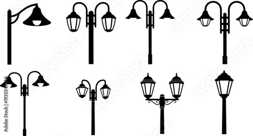 Collection of Various Street Lamp and Lantern Silhouettes Vector Illustration Set