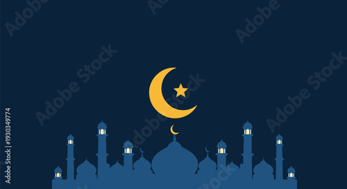 Islamic mosque silhouette under crescent moon and star at night for ramadan kareem greeting banner and eid mubarak horizontal background vector art