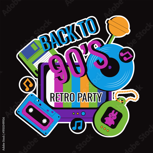 Retro Back to 90s vector sticker isolated black background. Vinyl record audio tape tv and retro bold message. Perfect t-shirt hoodies decor print template design. EPS 10 