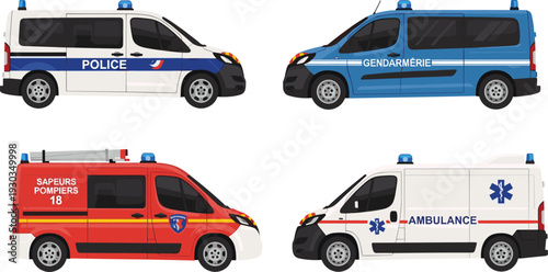 Set of French emergency service vehicles including Police Gendarmerie Sapeurs Pompiers fire truck and medical Ambulance isolated on white background