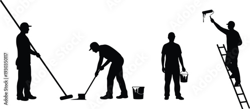 Silhouette of painters working with roller, bucket, ladder, and brush, home improvement teamwork concept, construction vector isolated illustration