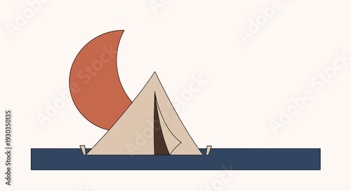 Minimalist illustration of a tent at night with a crescent moon in a serene desert or camping landscape scene