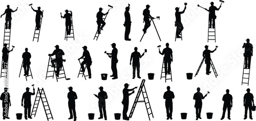 Silhouette painters working on ladders, painting tools in hand, home improvement workers, construction team, indoor maintenance, teamwork concept background