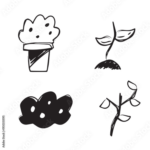 Hand drawn plant and tree icons vector illustration set. Black and white doodle of potted plants, sprouts, and shrubs isolated on white. Nature sketch for garden design.