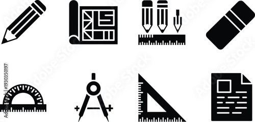 Minimal black and white drafting icons, pencil, blueprint, ruler, eraser, protractor, compass, triangle, document set