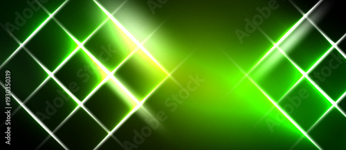Bright green neon grid pattern over black background. Light radiates from center creating dynamic visual effect.