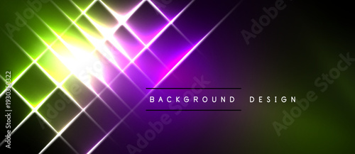 Vibrant neon lines intersect, creating dynamic light effects. Green, purple hues dominate dark background. Modern design element.