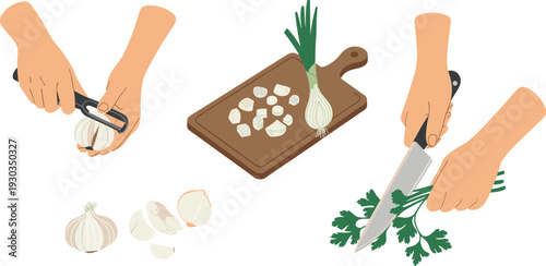 Minimalist cooking process illustration, peeling garlic, chopping onion on cutting board, slicing fresh parsley with kitchen knife