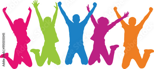 Diverse group of colorful silhouettes jumping and celebrating in the air representing joy teamwork success energy freedom and youthful happiness