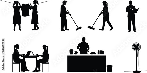 Silhouette of people doing household chores, cooking, cleaning, working from home, reading, teamwork, modern lifestyle, indoor daily routine vector.