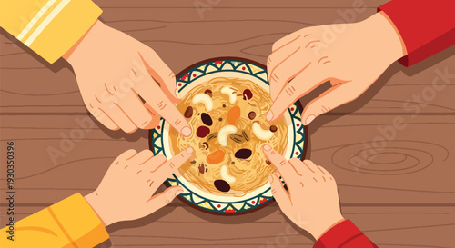 Four hands reaching for traditional sweet dish with nuts and dried fruits, family sharing dessert on wooden table, festive gathering, top view