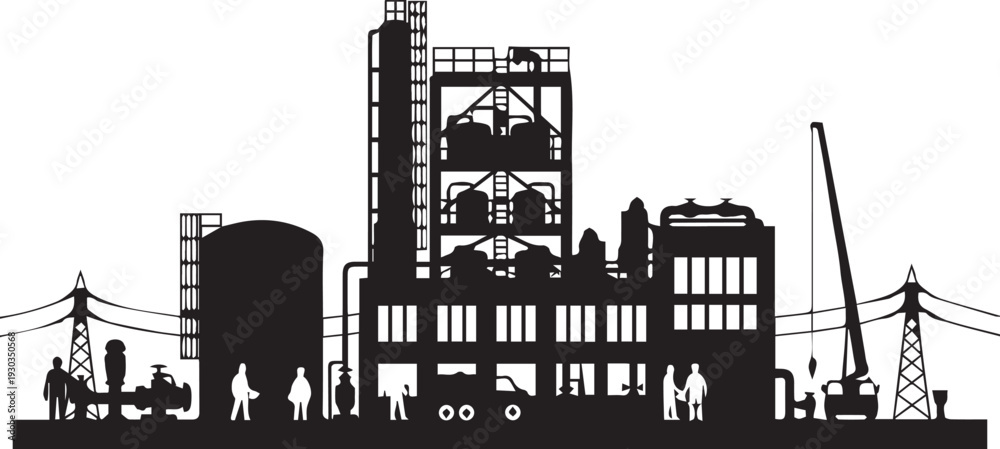 Obraz premium Industrial plant with workers silhouette, vector illustration of factory facility, line art industry