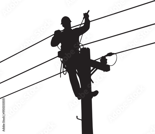Electrician climbing utility pole line art vector silhouette illustration power cable fix