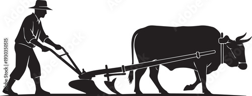 Farmer plowing field with ox silhouette illustration using traditional tools and line art