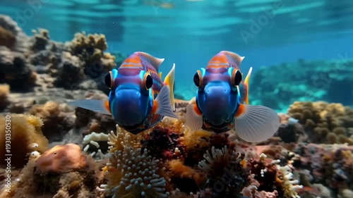 Two striking mandarin dragonet fish face forward in a tropical coral reef environment with vibrant blue ocean background