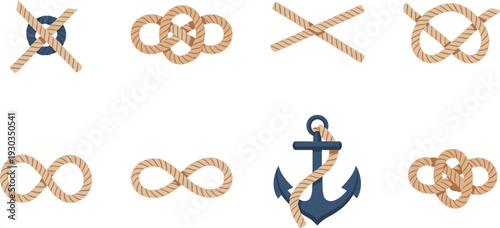 Nautical rope knot illustrations set, sailor knots, infinity loop, anchor rope, maritime symbols collection