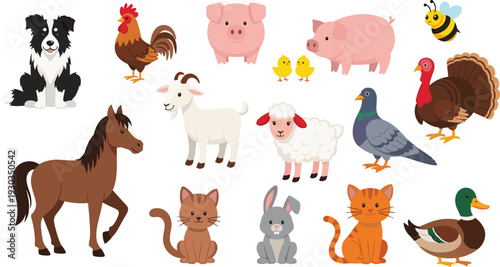 Farm Animals and Pets Collection: Dog, Cat, Pig, Chicken, Rabbit, and More