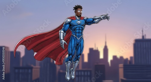 Dynamic African American Superhero Flying Over City Skyline