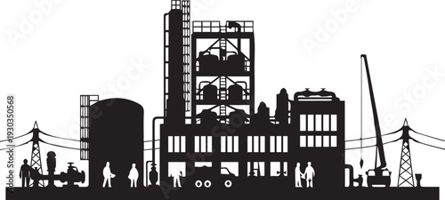 Industrial plant with workers silhouette, vector illustration of factory facility, line art industry