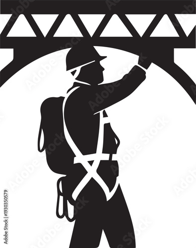 Industrial worker on a bridge vector silhouette illustration, safety equipment, line art work