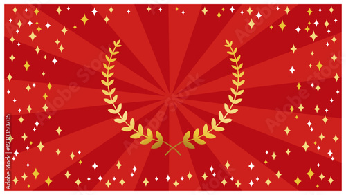 金色の月桂樹がキラキラ輝く赤い集中線の背景デザイン